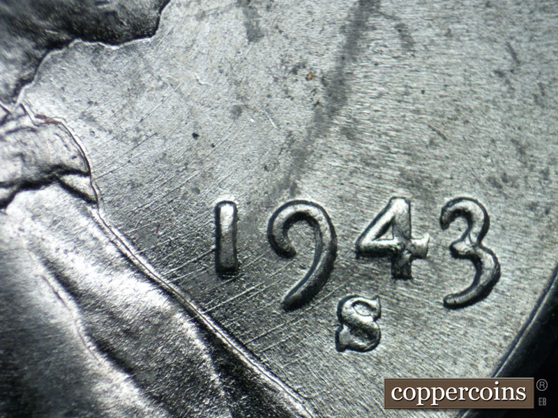 Die-stage B marker on 1943S•1DR•005 (1943 Doubled Die Reverse).