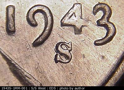 Die-stage A marker on 1943S•1MM•001 (1943 Repunched Mint Mark).