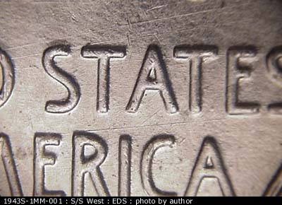 Die-stage A marker on 1943S•1MM•001 (1943 Repunched Mint Mark).