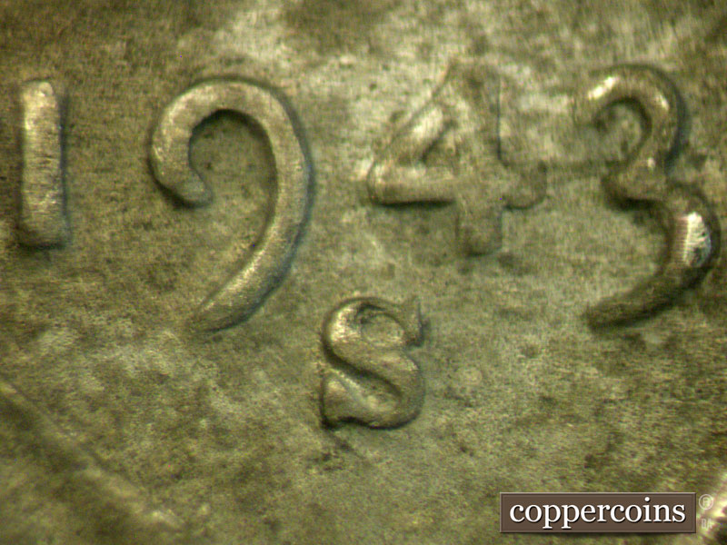 Die-stage B marker on 1943S•1MM•004 (1943 Repunched Mint Mark).