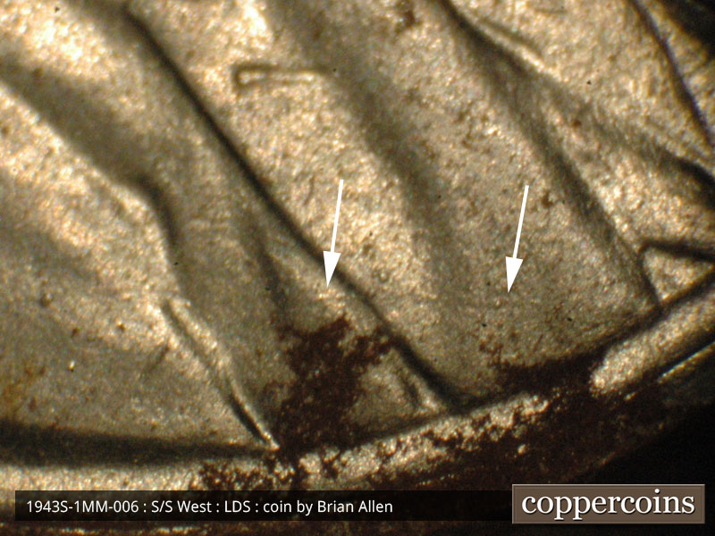 Die-stage C marker on 1943S•1MM•006 (1943 Repunched Mint Mark).
