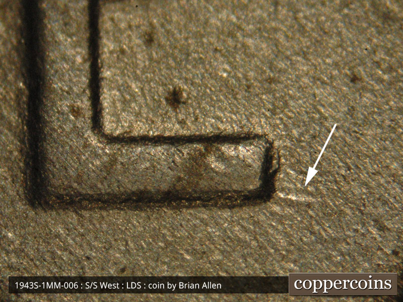 Die-stage C marker on 1943S•1MM•006 (1943 Repunched Mint Mark).