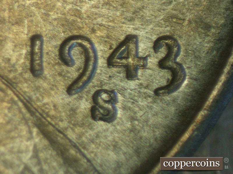 Die-stage B marker on 1943S•1MM•007 (1943 Repunched Mint Mark).