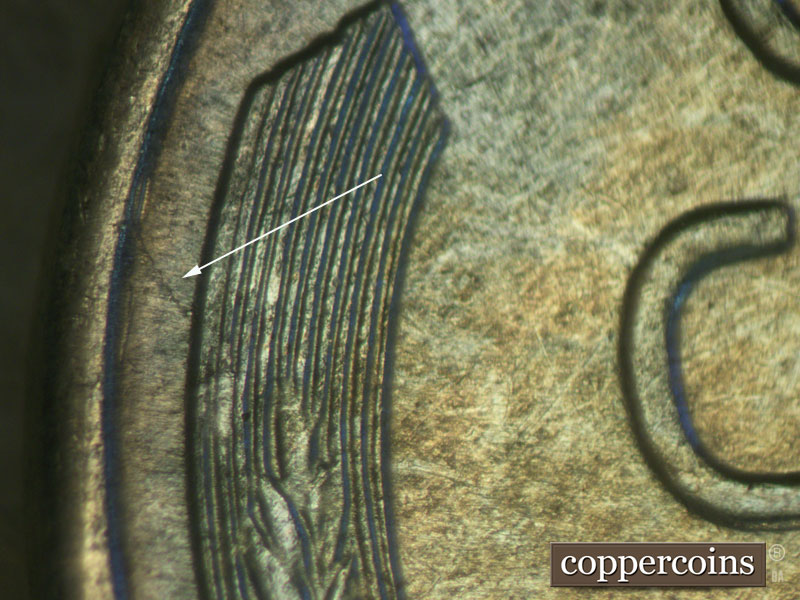 Die-stage B marker on 1943S•1MM•007 (1943 Repunched Mint Mark).