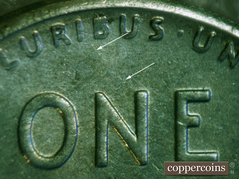 Die-stage B marker on 1943S•1MM•007 (1943 Repunched Mint Mark).