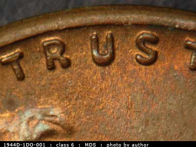 Die-stage B marker on 1944D•1DO•001 (1944 Doubled Die Obverse).
