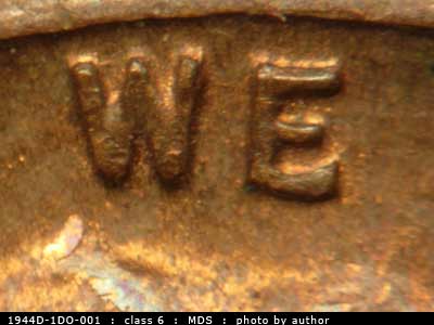 Die-stage B marker on 1944D•1DO•001 (1944 Doubled Die Obverse).
