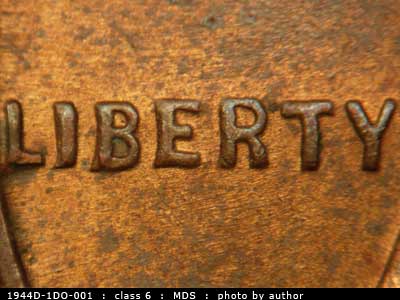 Die-stage B marker on 1944D•1DO•001 (1944 Doubled Die Obverse).
