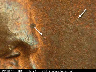 Die-stage B marker on 1944D•1DO•001 (1944 Doubled Die Obverse).