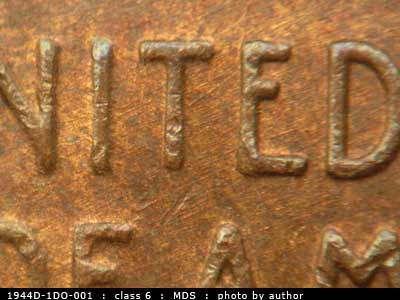 Die-stage B marker on 1944D•1DO•001 (1944 Doubled Die Obverse).