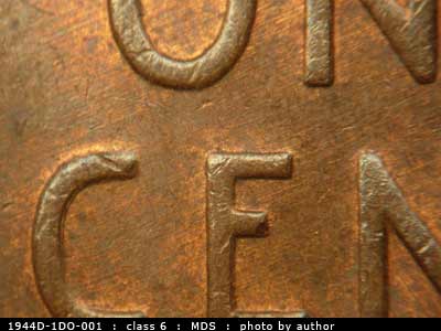 Die-stage B marker on 1944D•1DO•001 (1944 Doubled Die Obverse).