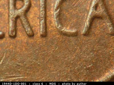 Die-stage B marker on 1944D•1DO•001 (1944 Doubled Die Obverse).