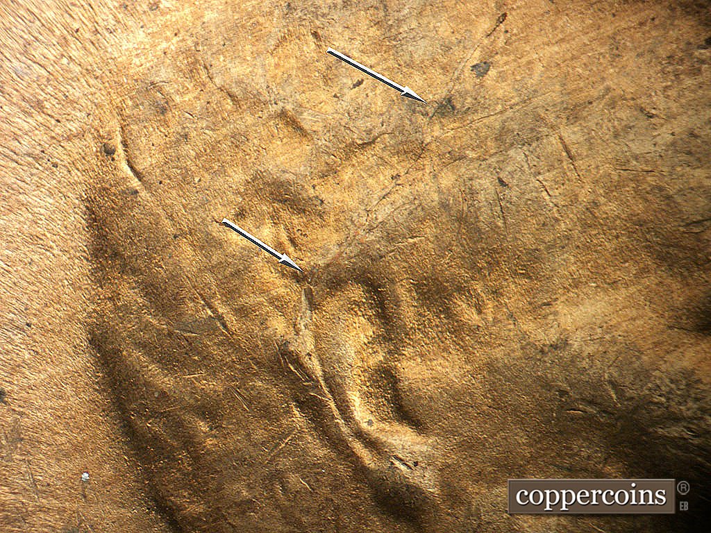 Die-stage C marker on 1944D•1DO•001 showing Die crack from ear in to hair.