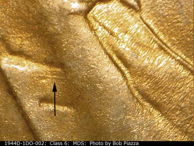 Die-stage B marker on 1944D•1DO•002 (1944 Doubled Die Obverse).