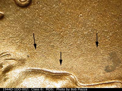 Die-stage B marker on 1944D•1DO•002 (1944 Doubled Die Obverse).