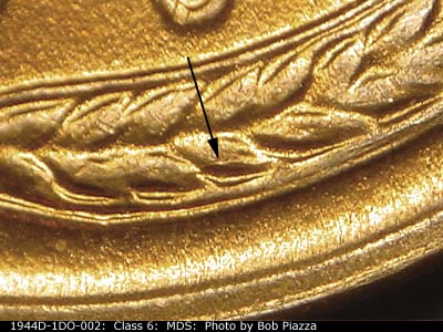 Die-stage B marker on 1944D•1DO•002 (1944 Doubled Die Obverse).