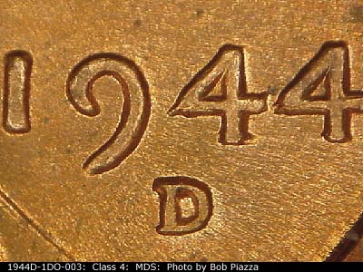 Die-stage B marker on 1944D•1DO•003 (1944 Doubled Die Obverse).
