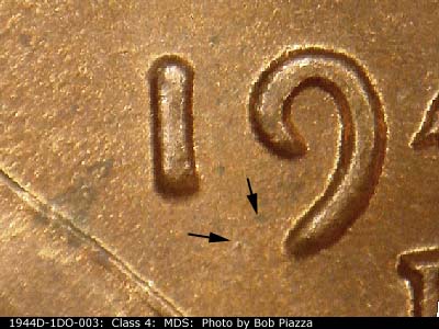 Die-stage B marker on 1944D•1DO•003 (1944 Doubled Die Obverse).