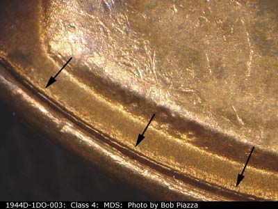 Die-stage B marker on 1944D•1DO•003 (1944 Doubled Die Obverse).