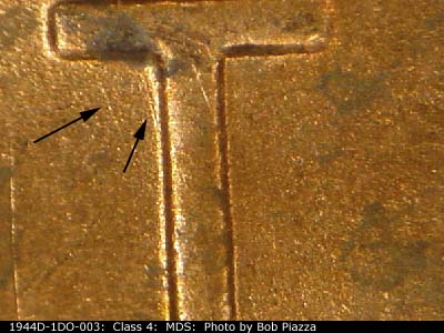 Die-stage B marker on 1944D•1DO•003 (1944 Doubled Die Obverse).