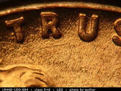 Die-stage B marker on 1944D•1DO•004 (1944 Doubled Die Obverse).