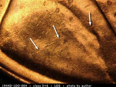Die-stage B marker on 1944D•1DO•004 (1944 Doubled Die Obverse).