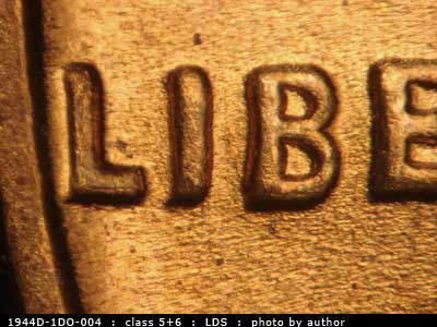 Die-stage B marker on 1944D•1DO•004 (1944 Doubled Die Obverse).