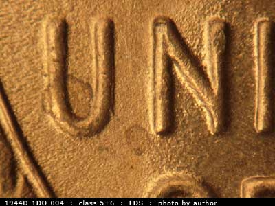 Die-stage B marker on 1944D•1DO•004 (1944 Doubled Die Obverse).