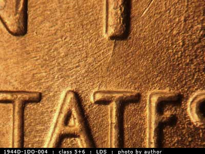 Die-stage B marker on 1944D•1DO•004 (1944 Doubled Die Obverse).