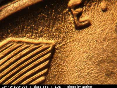 Die-stage B marker on 1944D•1DO•004 (1944 Doubled Die Obverse).