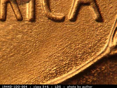 Die-stage B marker on 1944D•1DO•004 (1944 Doubled Die Obverse).