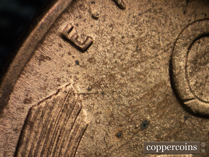 Die-stage C marker on 1944D•1DO•004 (1944 Doubled Die Obverse).