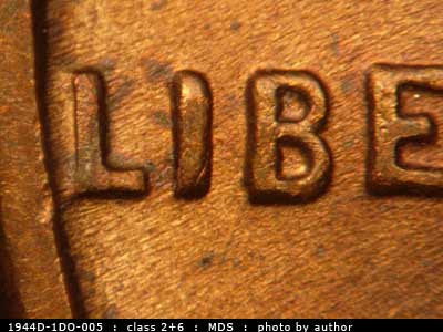Die-stage B marker on 1944D•1DO•005 (1944 Doubled Die Obverse).