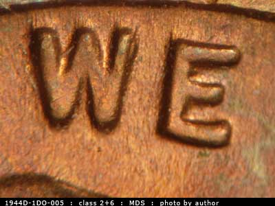 Die-stage B marker on 1944D•1DO•005 (1944 Doubled Die Obverse).