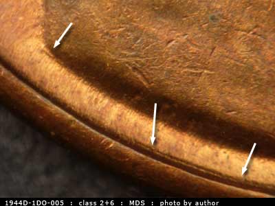 Die-stage B marker on 1944D•1DO•005 (1944 Doubled Die Obverse).