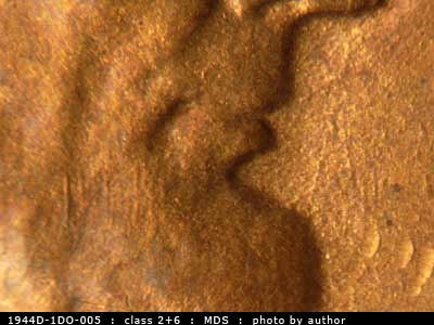 Die-stage B marker on 1944D•1DO•005 (1944 Doubled Die Obverse).