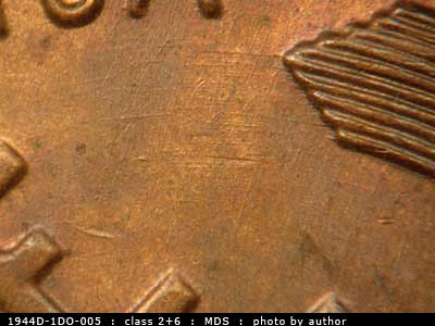Die-stage B marker on 1944D•1DO•005 (1944 Doubled Die Obverse).