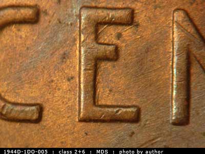 Die-stage B marker on 1944D•1DO•005 (1944 Doubled Die Obverse).