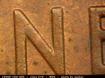 Die-stage B marker on 1944D•1DO•005 (1944 Doubled Die Obverse).