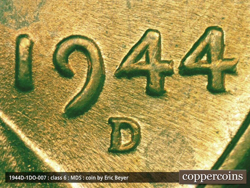 1944 Lincoln cent obverse, CopperCoins die 1944D•1DO•007.