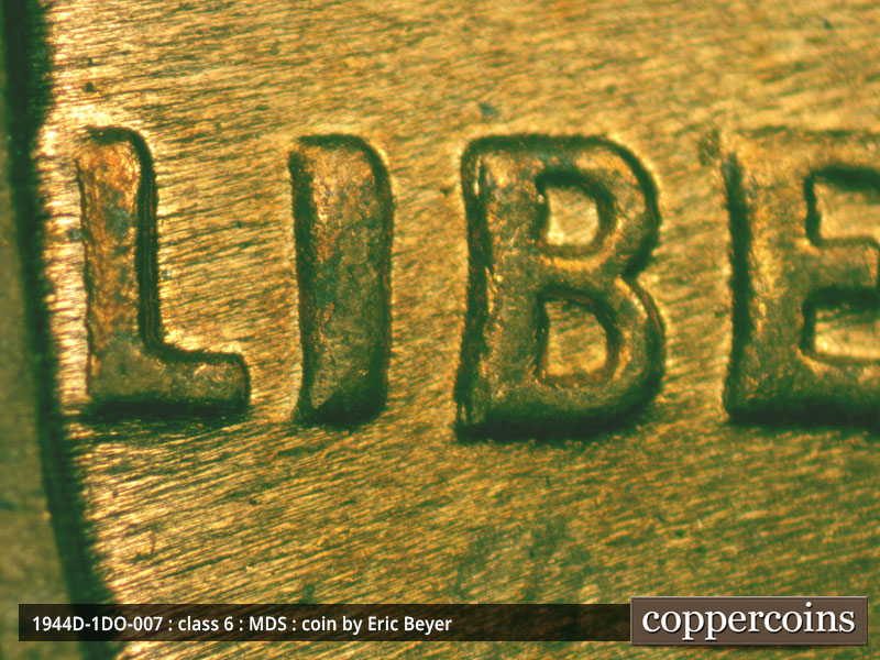 Die-stage B marker on 1944D•1DO•007 (1944 Doubled Die Obverse).