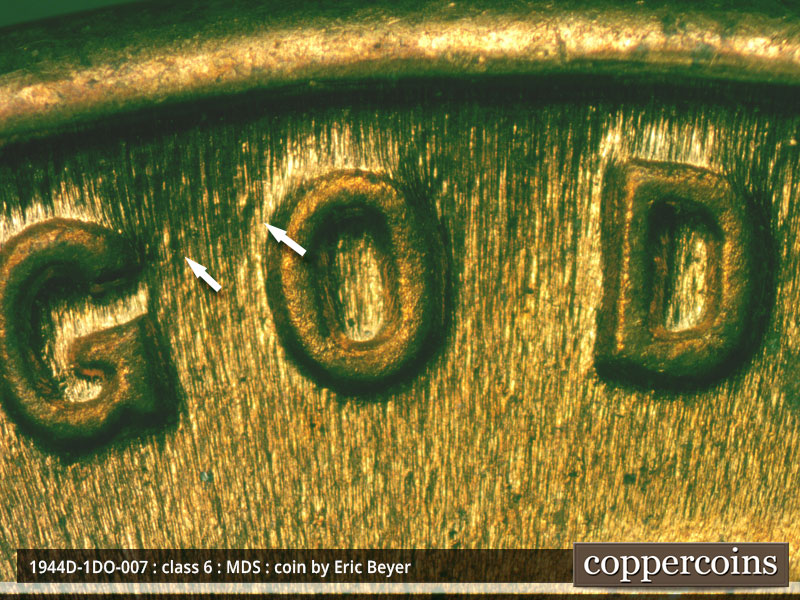 Die-stage B marker on 1944D•1DO•007 (1944 Doubled Die Obverse).