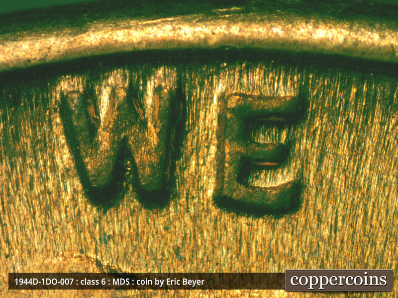 Die-stage B marker on 1944D•1DO•007 (1944 Doubled Die Obverse).