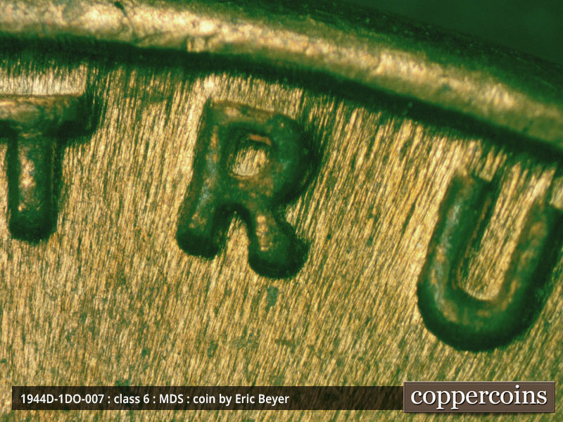 Die-stage B marker on 1944D•1DO•007 (1944 Doubled Die Obverse).