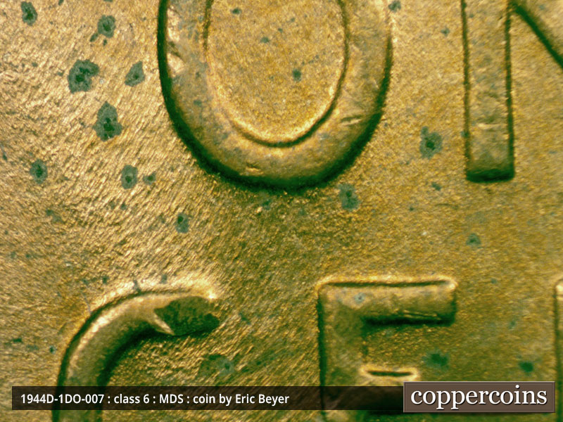 Die-stage B marker on 1944D•1DO•007 (1944 Doubled Die Obverse).