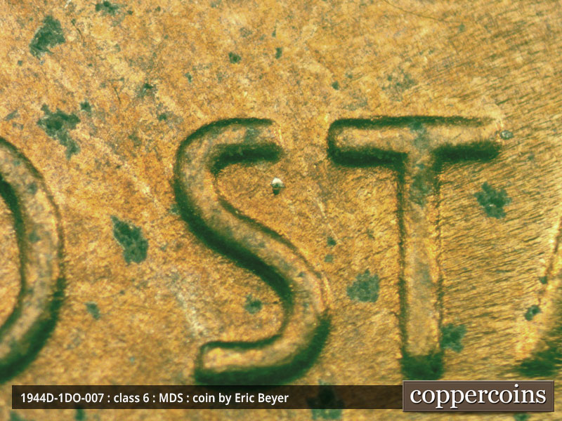 Die-stage B marker on 1944D•1DO•007 (1944 Doubled Die Obverse).