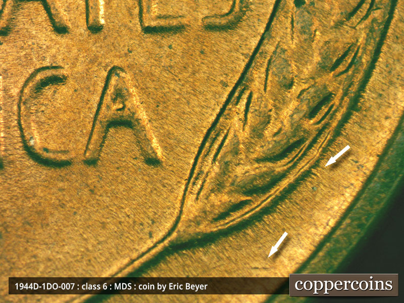 Die-stage B marker on 1944D•1DO•007 (1944 Doubled Die Obverse).