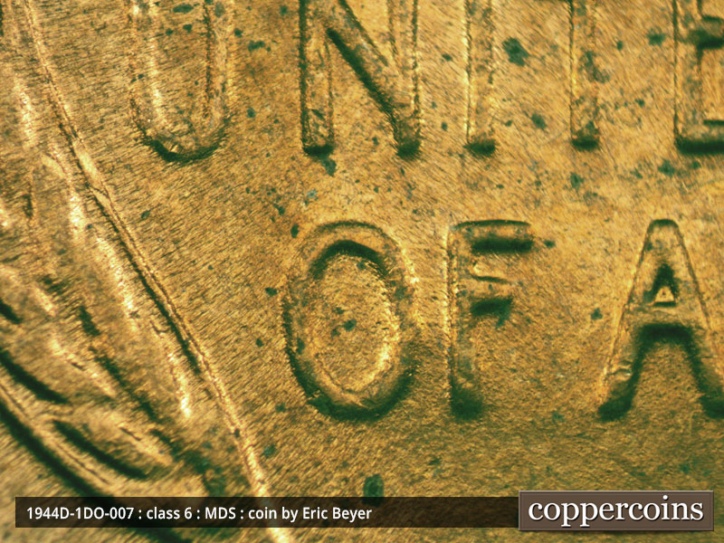 Die-stage B marker on 1944D•1DO•007 (1944 Doubled Die Obverse).