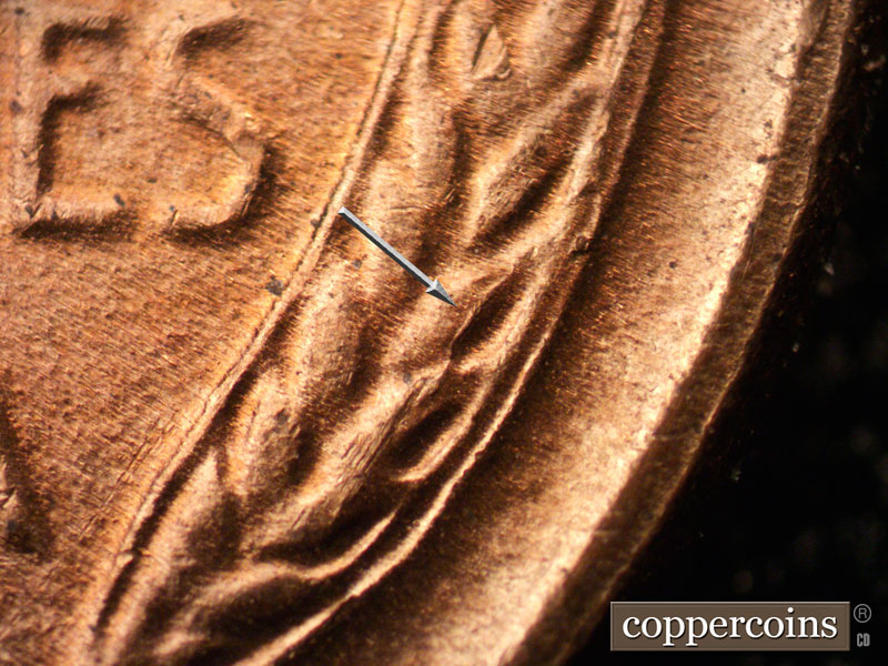 Die-stage C marker on 1944D•1DO•007 (1944 Doubled Die Obverse).