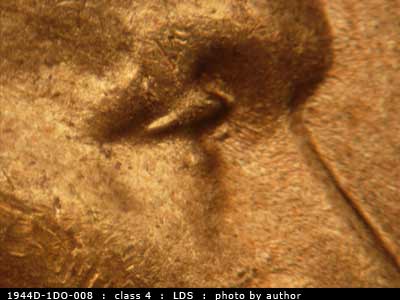 Die-stage C marker on 1944D•1DO•008 (1944 Doubled Die Obverse).